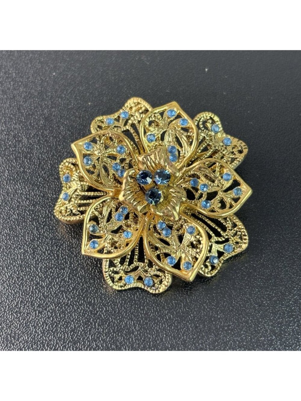 Vintage Flower Gold Tone Filigree Style w/ Blue Rhinestones About 2" Brooch Pin
